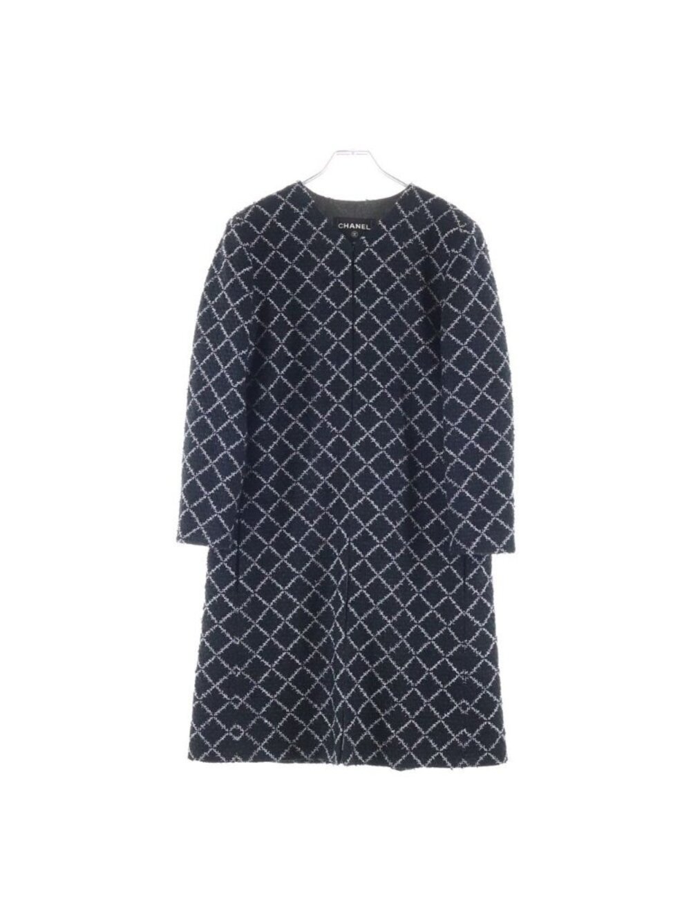 Chanel Tweed Check All Over Print Collarless Gown Long Coat Black